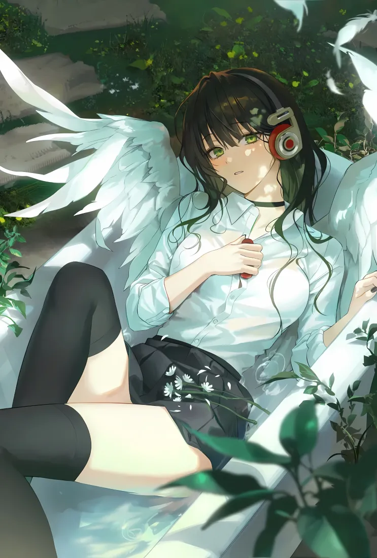 天使少女手机壁纸｜树荫绿植背景图片 - 戴耳机的二次元少女「哲风壁纸」