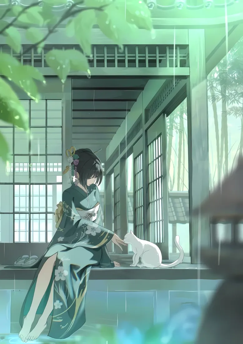 和服少女手机壁纸｜日式雨廊背景图片 - 闲坐喂猫清新场景「哲风壁纸」