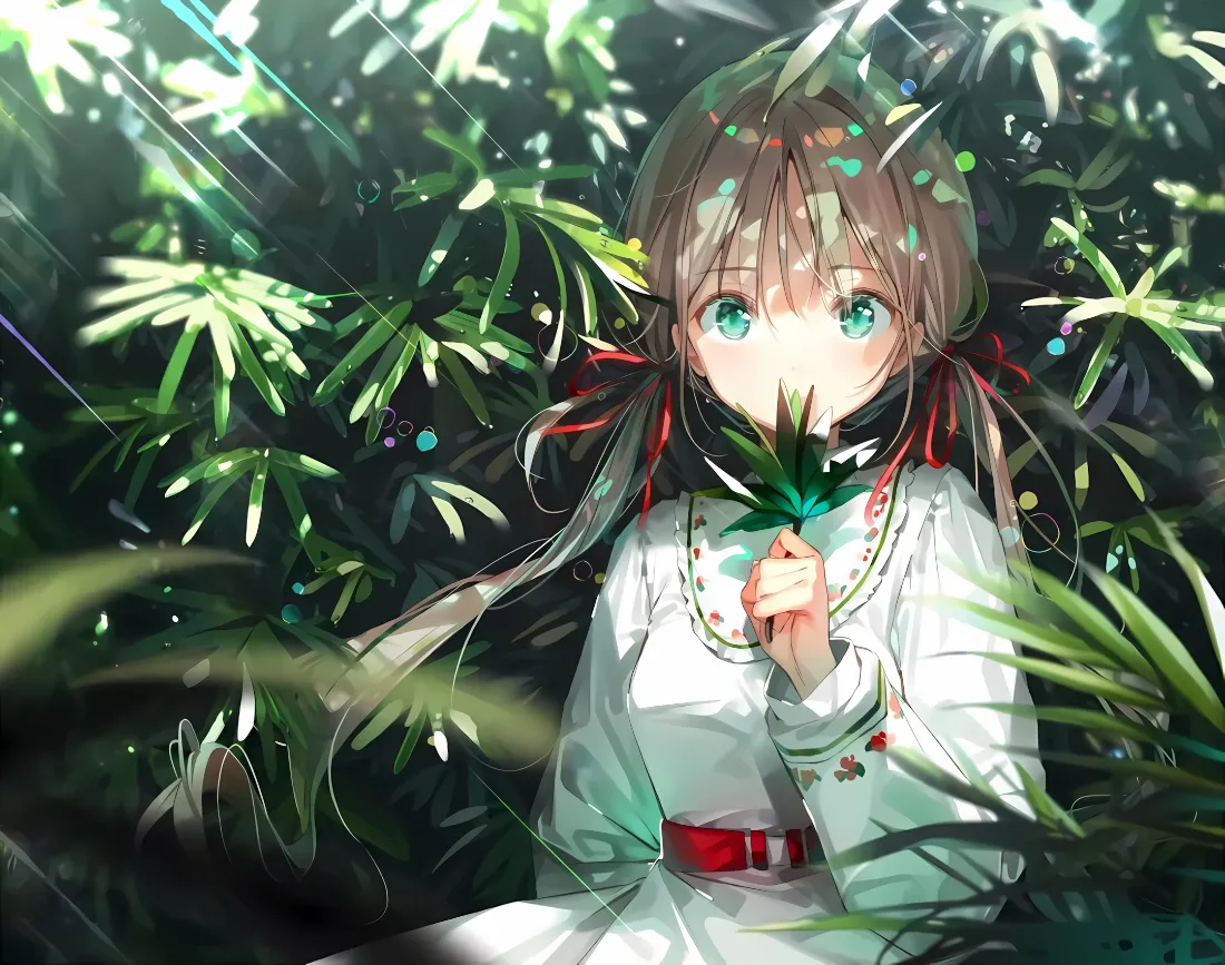2k双马尾动漫少女壁纸｜林间绿植背景图片 - 持叶清新少女「哲风壁纸」