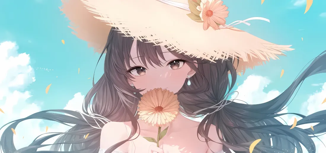 2k草帽少女壁纸｜蓝天白云背景图片 - 手捧雏菊「哲风壁纸」