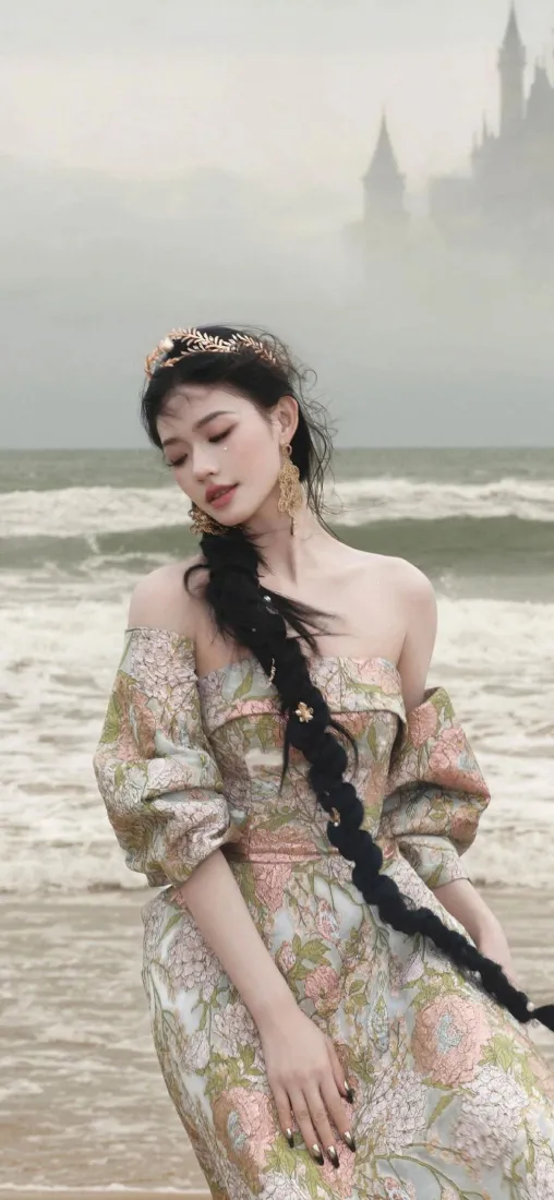 长发美女手机壁纸｜海边城堡背景图片 - 氛围感气质写真「哲风壁纸」