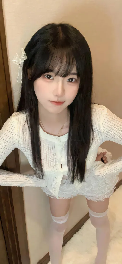 清纯黑长直少女手机壁纸｜纯白穿搭背景图片 - 室内甜美人像「哲风壁纸」