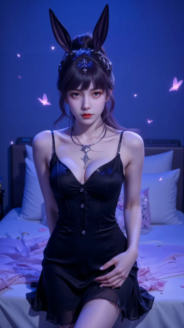 小舞手机壁纸｜卧室蝴蝶背景图片 - 黑裙兔耳清冷少女「哲风壁纸」