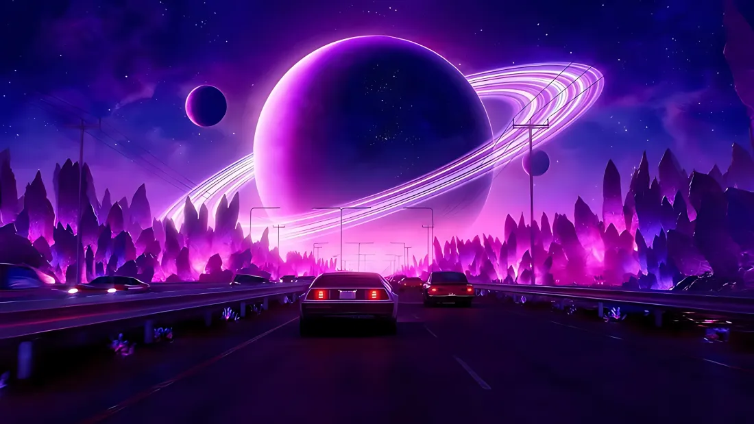 3k科幻星球汽车壁纸｜霓虹公路森林背景图片 - 梦幻氛围感「哲风壁纸」