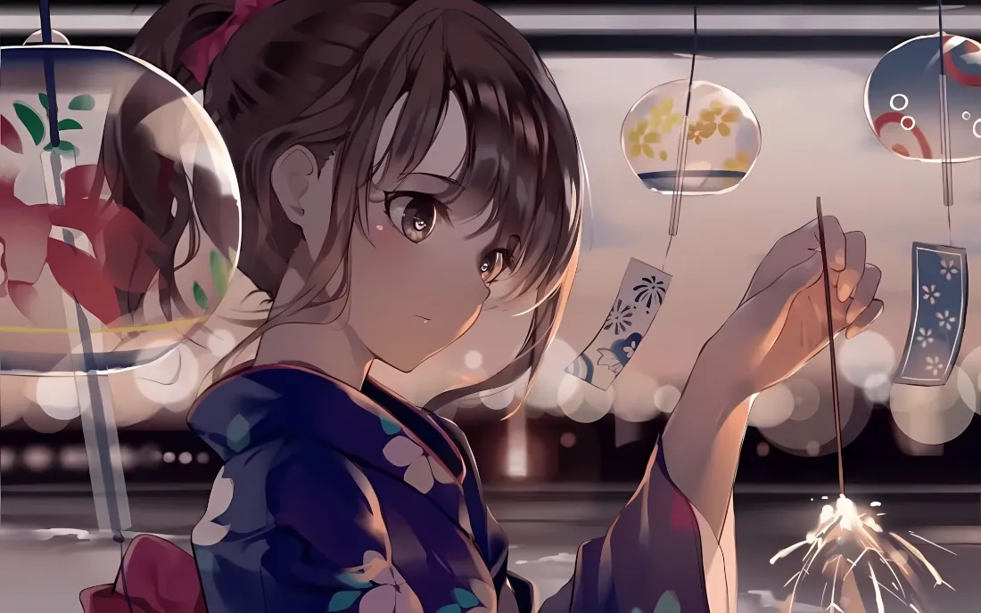 2k和服动漫女孩壁纸｜风铃烟花背景图片 - 日系夏夜「哲风壁纸」