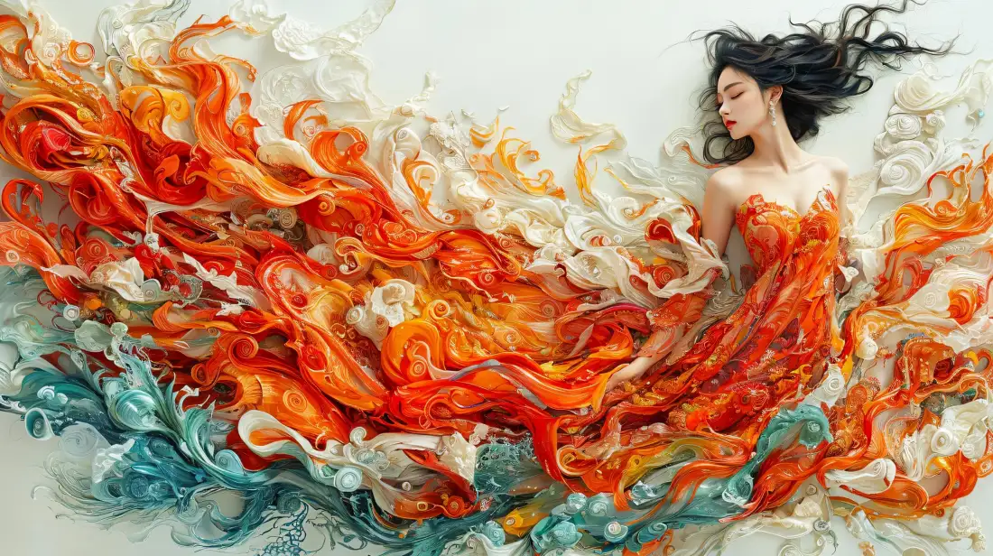 2k红衣美女壁纸｜火焰裙摆背景图片 - 艺术绘画「哲风壁纸」