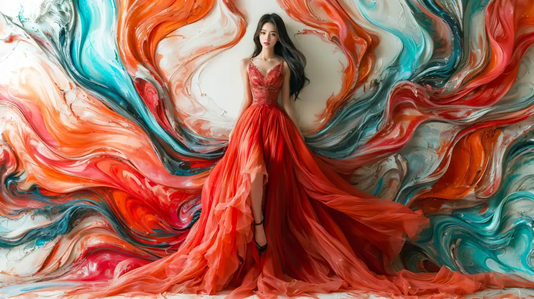 2k红裙美女壁纸｜炫彩流体背景图片 - 时尚人像「哲风壁纸」