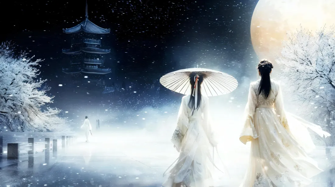 2k古风白衣仙侠壁纸｜雪夜古建背景图片 - 满月雪景氛围感「哲风壁纸」