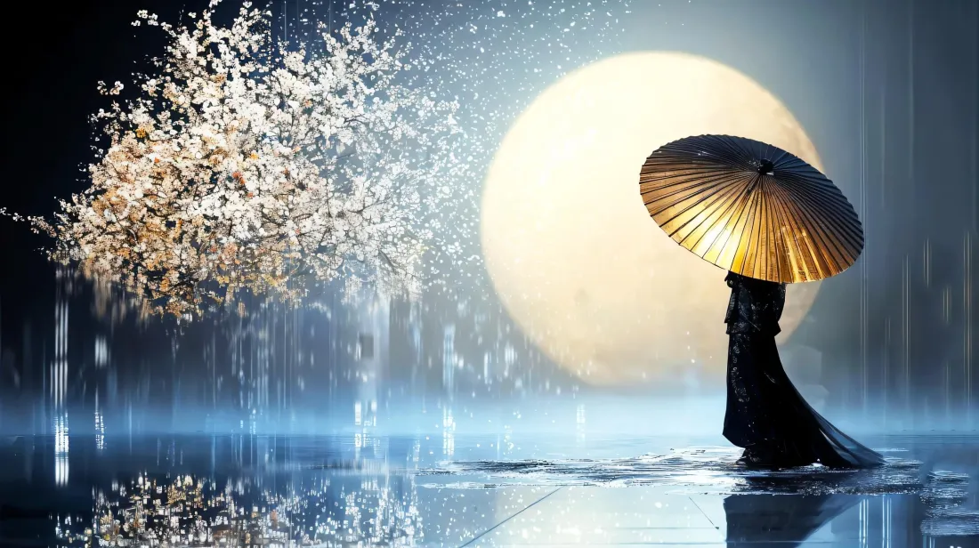 2k古风撑伞人壁纸｜雨夜花树倒影背景图片 - 静谧治愈氛围「哲风壁纸」