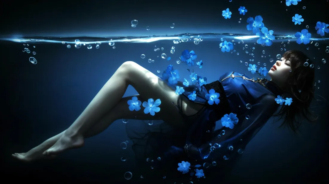 2k水下少女壁纸｜蓝色花朵背景图片 - 氛围感写真「哲风壁纸」