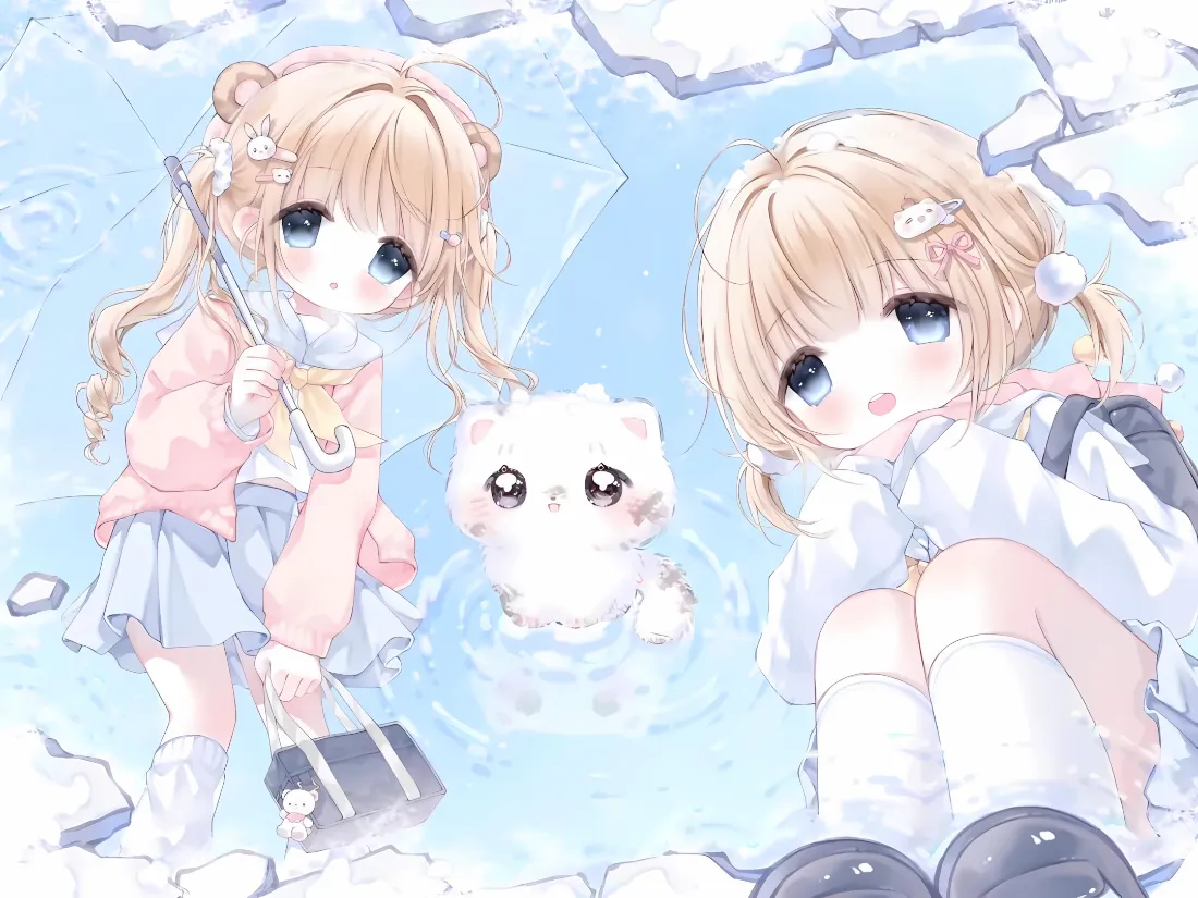 2k软萌少女壁纸｜冰面小猫背景图片 - Q版二次元插画「哲风壁纸」