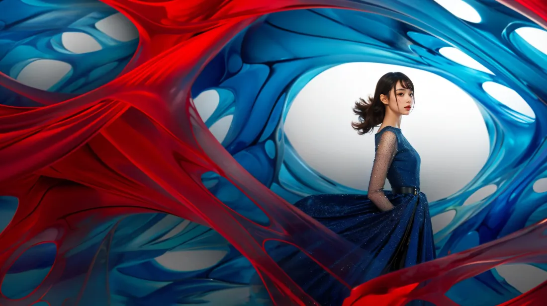 2k蓝裙美女壁纸｜红蓝流体艺术背景图片 - 时尚氛围感写真「哲风壁纸」