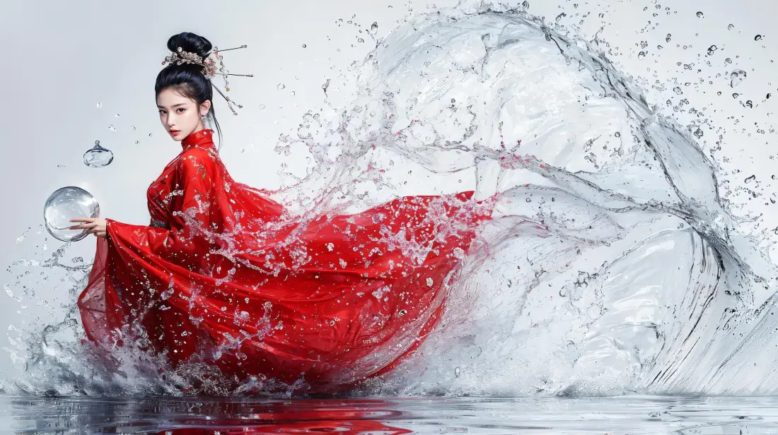 2k红衣古风美人壁纸｜水墨水花背景图片 - 国风人像「哲风壁纸」