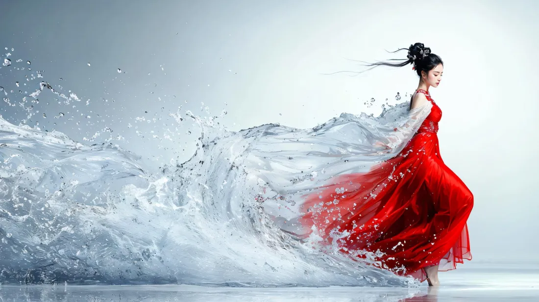 2k红裙美女壁纸｜水花艺术背景图片 - 高清平板适用「哲风壁纸」