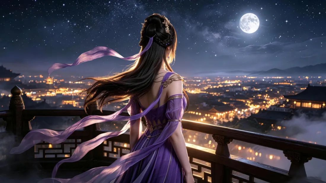 4k紫衣古风少女壁纸｜城市夜景背景图片 - 星空月夜「哲风壁纸」