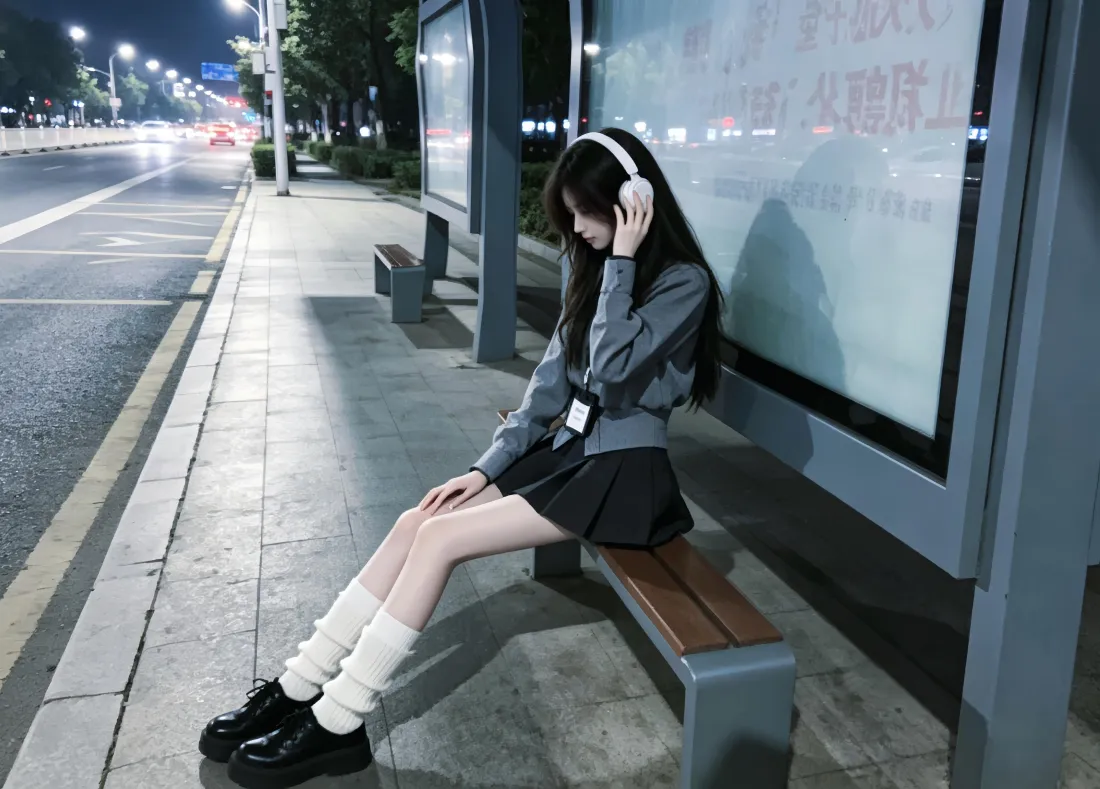 3k戴耳机少女壁纸｜夜晚公交站背景图片 - 氛围感街拍人像「哲风壁纸」