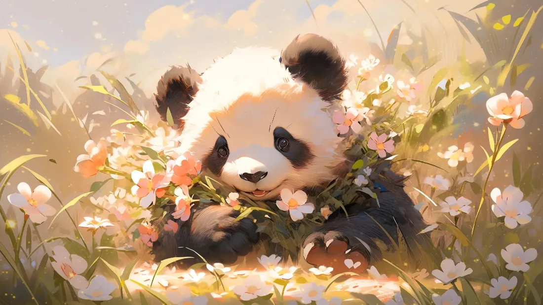 2k熊猫花花壁纸｜花丛草地背景图片 - 治愈可爱插画「哲风壁纸」