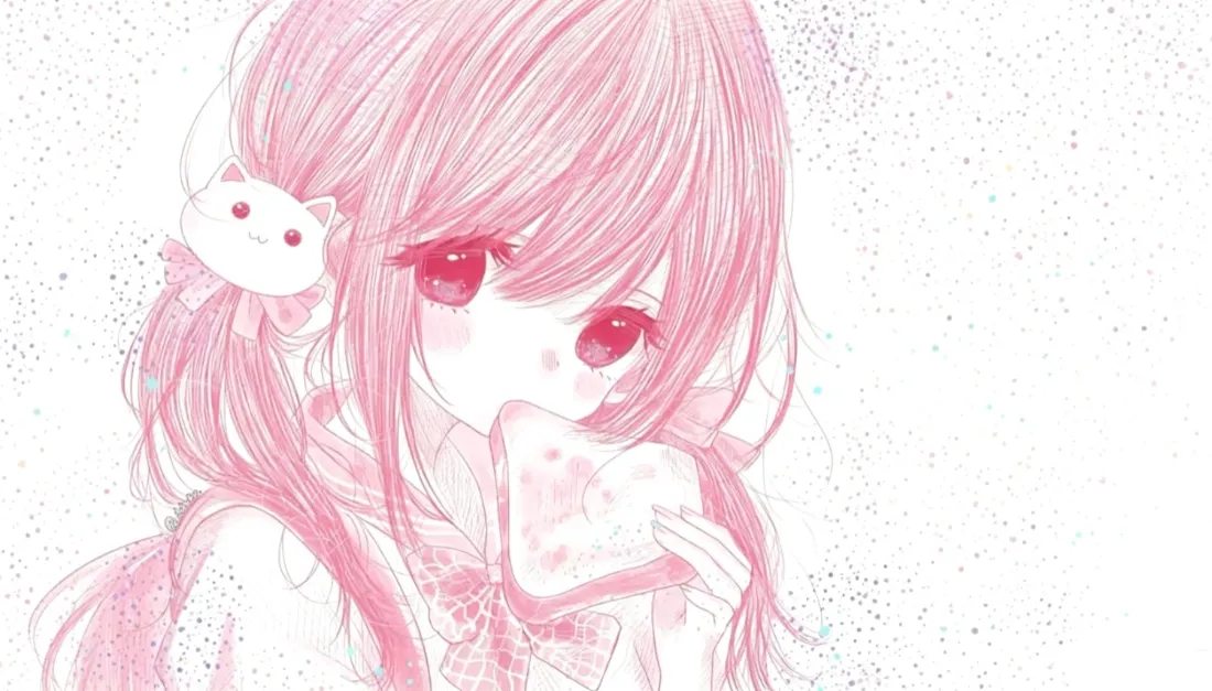 2k粉发萌少女壁纸｜线条风粉白背景图片 - 二次元插画「哲风壁纸」