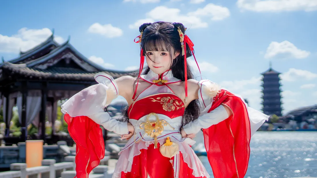 3k少司缘cos美女壁纸｜湖边古建筑背景图片 - 灵动可爱少女「哲风壁纸」