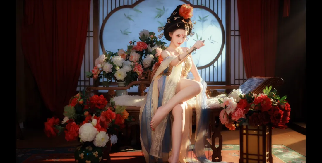4k古风唐装美人壁纸｜中式花窗鲜花背景图片 - 平板高清「哲风壁纸」