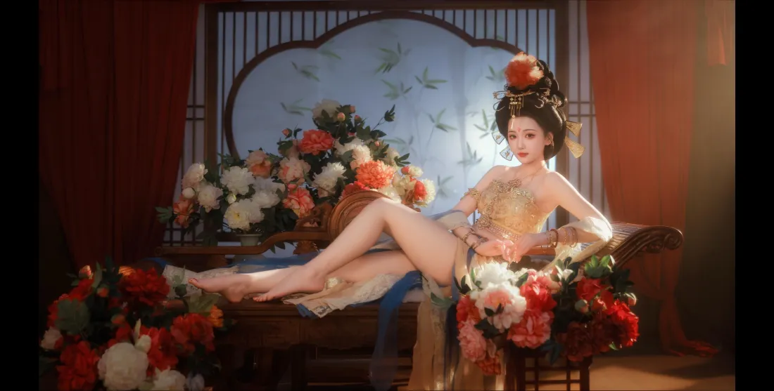 4k古风美人壁纸｜牡丹屏风背景图片 - 暖光二次元插画「哲风壁纸」