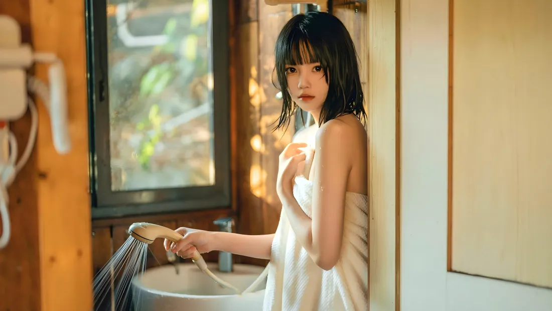 7k短发美女壁纸｜浴室暖光背景图片 - 居家写真「哲风壁纸」