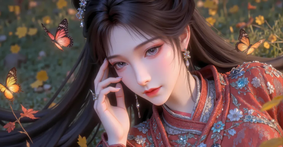 6k梅凝壁纸｜凡人修仙传古风花丛背景图片 - 红衣蝴蝶少女「哲风壁纸」