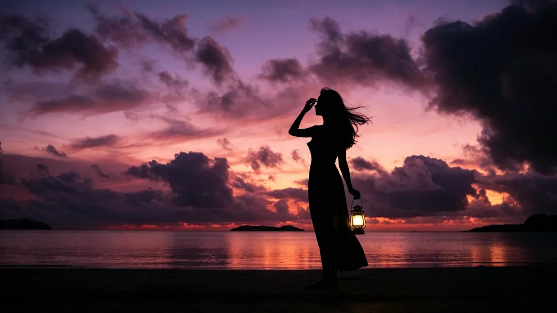 3k提灯女性剪影壁纸｜海边黄昏晚霞背景图片 - 治愈氛围感「哲风壁纸」