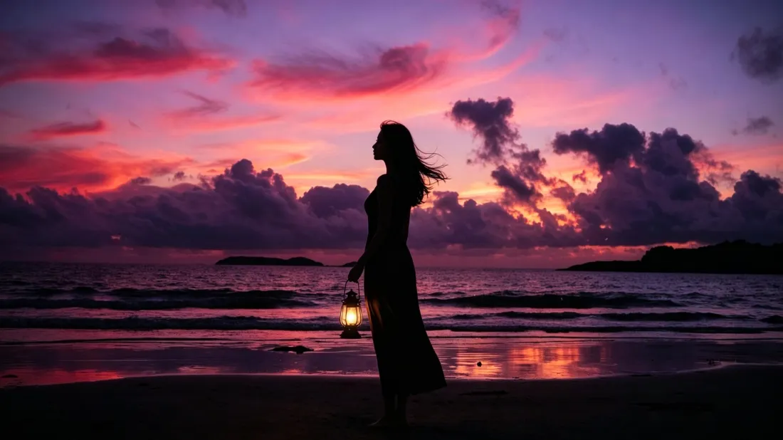 3k海边提灯女性壁纸｜晚霞海景背景图片 - 治愈黄昏剪影「哲风壁纸」