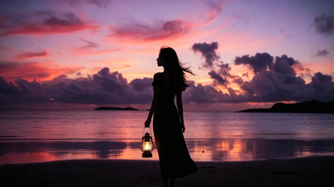 3k海边提灯少女壁纸｜日落海滨背景图片 - 治愈氛围感「哲风壁纸」