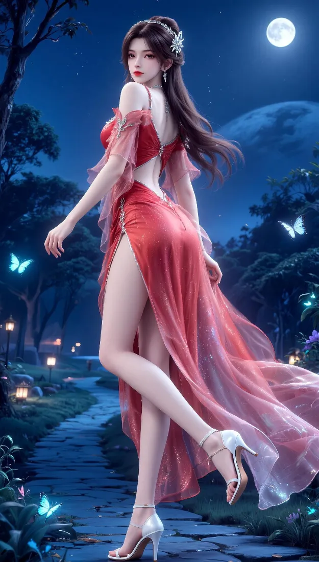 红衣古风美女手机壁纸｜月夜林间背景图片 - 仙气蝴蝶氛围感「哲风壁纸」