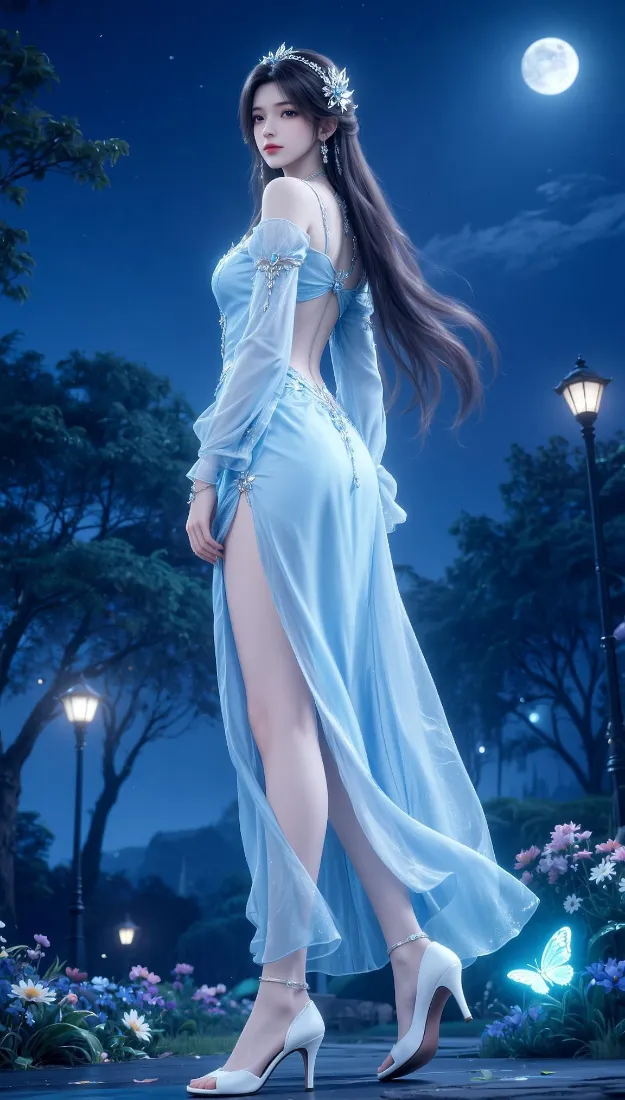 蓝衣美女手机壁纸｜月夜公园背景图片 - 性感气质穿搭「哲风壁纸」
