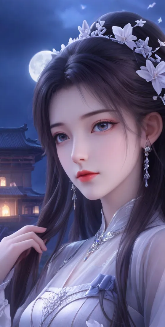 古风二次元美女手机壁纸｜月夜古建筑背景图片 - 国风插画「哲风壁纸」
