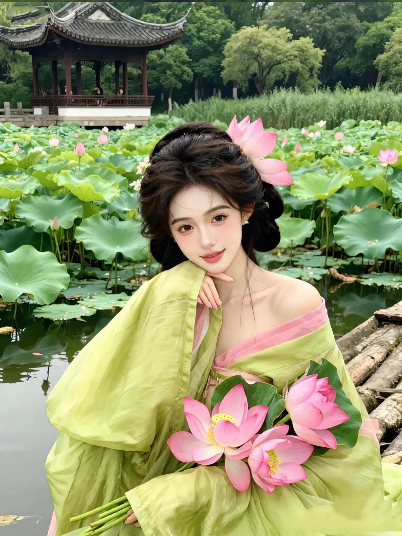 古风汉服美女手机壁纸｜荷塘荷花背景图片 - 夏日国风写真「哲风壁纸」