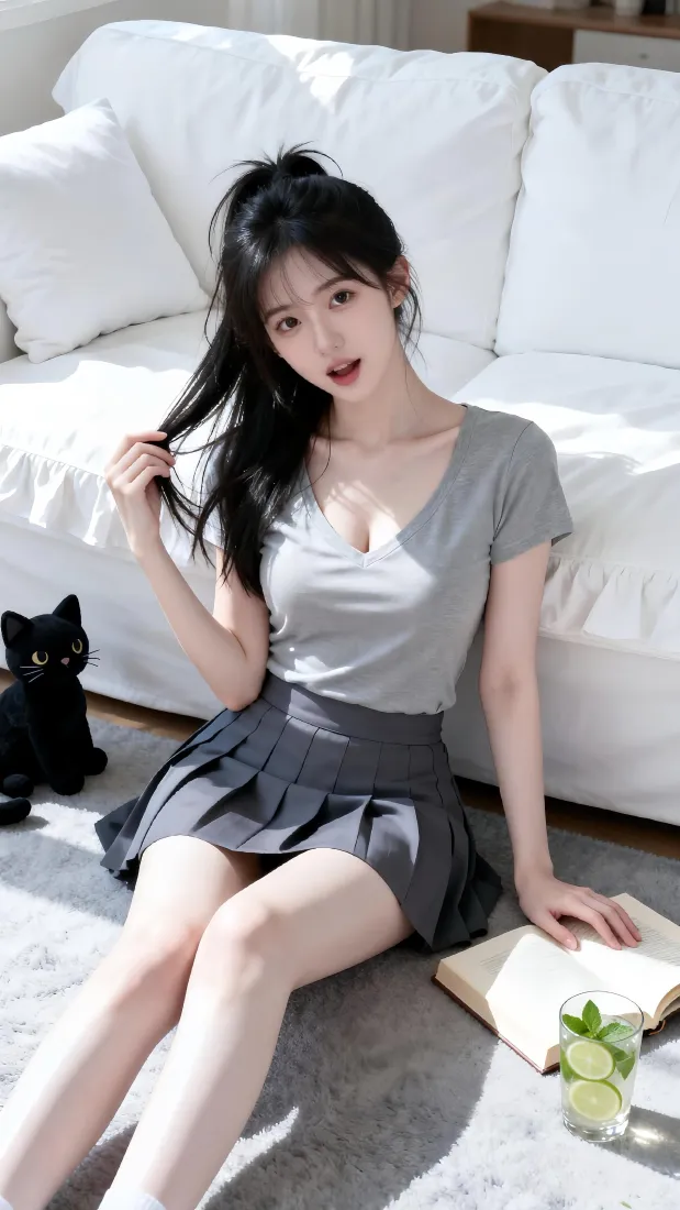 居家清纯少女手机壁纸｜客厅沙发背景图片 - 休闲穿搭写真「哲风壁纸」