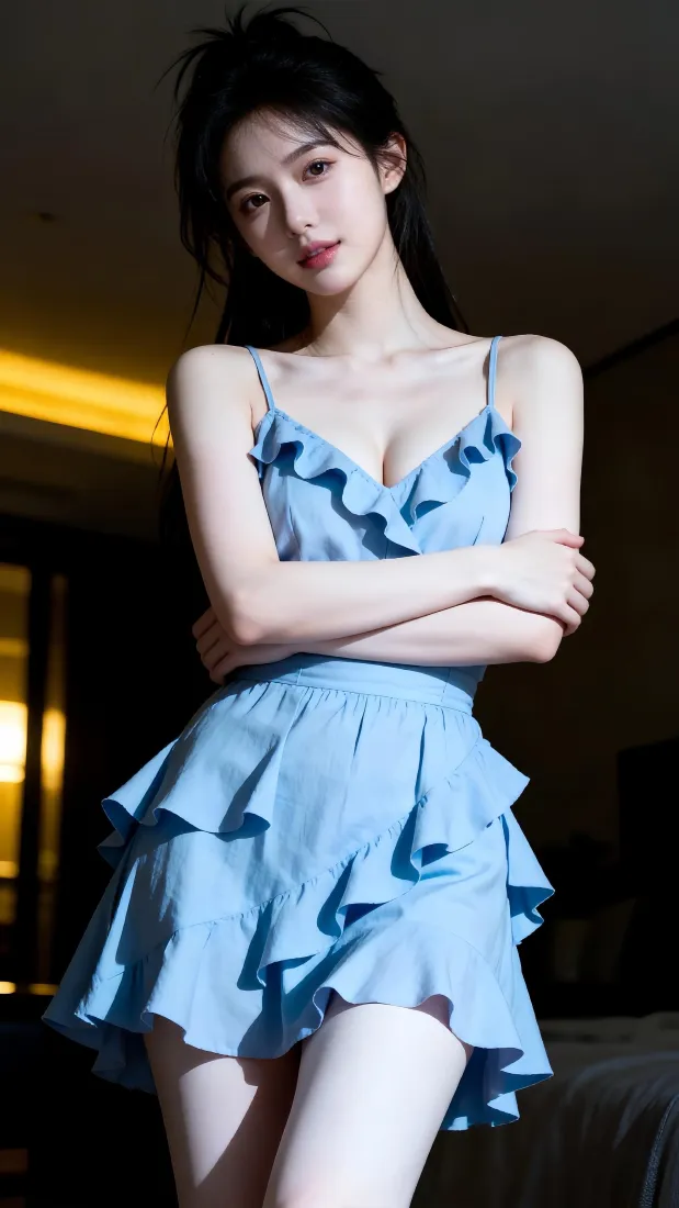 美女手机壁纸｜蓝色吊带裙背景图片 - 氛围感室内写真「哲风壁纸」