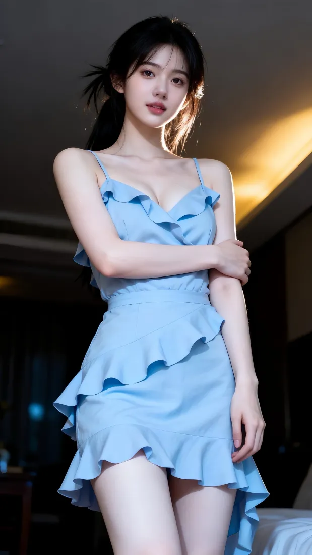 蓝色吊带裙美女手机壁纸｜氛围感室内背景图片 - 高清手机「哲风壁纸」