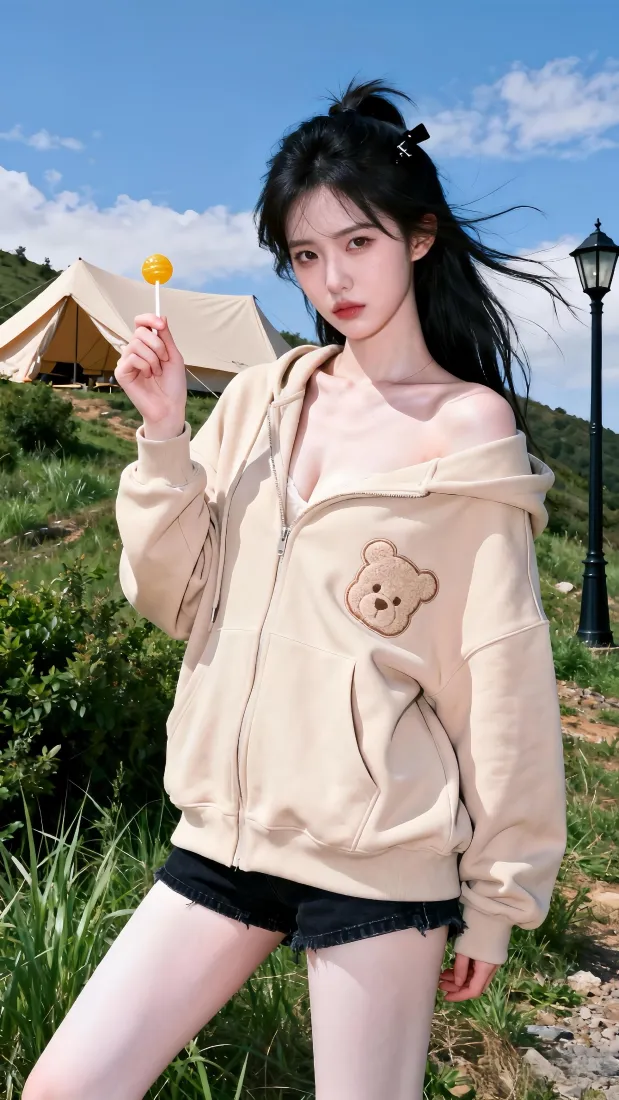 高马尾少女手机壁纸｜户外露营背景图片 - 露肩卫衣穿搭「哲风壁纸」