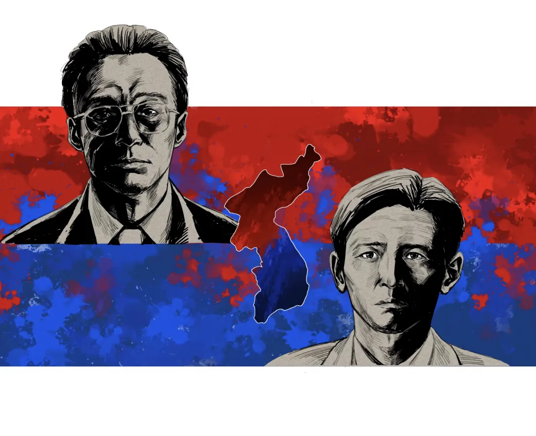4k李明云朴皙映壁纸｜红蓝朝鲜半岛背景图片 - 特工电影插画「哲风壁纸」
