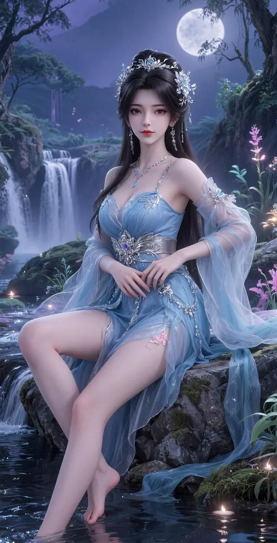 古风蓝衣美女手机壁纸｜月夜溪瀑背景图片 - 手机通用「哲风壁纸」