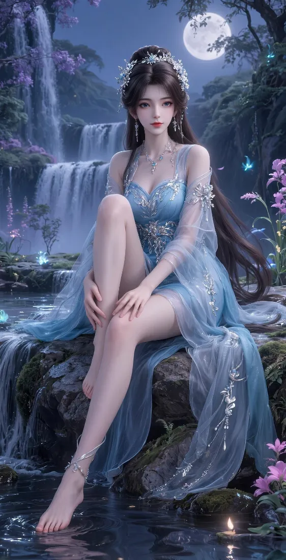 蓝衣古风美女手机壁纸｜月夜瀑布溪流背景图片 - 二次元插画「哲风壁纸」
