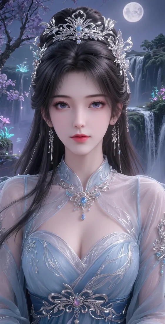 古风国漫美女手机壁纸｜月夜瀑布背景图片 - 清冷仙气「哲风壁纸」
