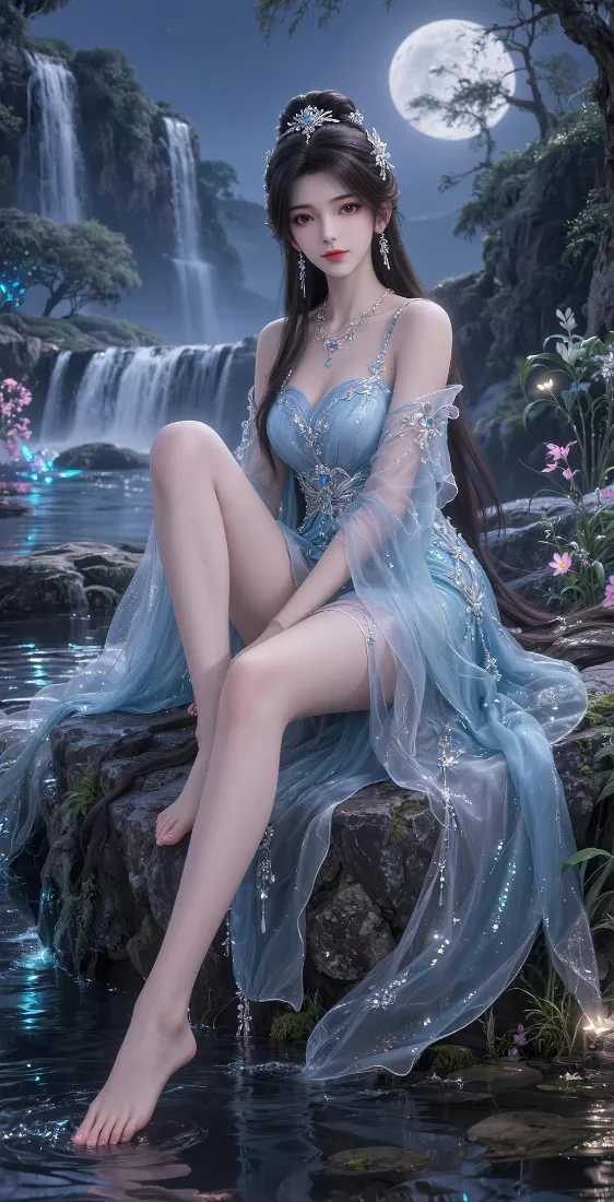 古风仙侠美女手机壁纸｜月夜瀑布水景背景图片 - 蓝裙长发佳人「哲风壁纸」