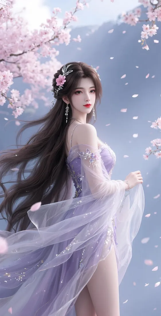紫衣古风少女手机壁纸｜桃花蓝天背景图片 - 二次元插画「哲风壁纸」