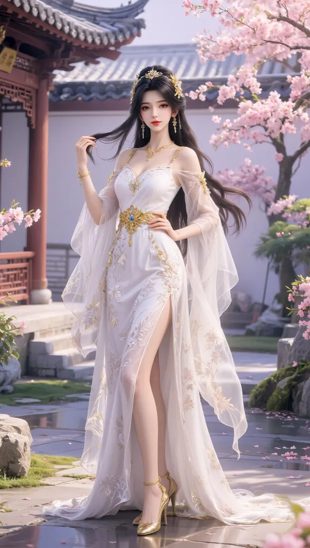 古风白裙美女手机壁纸｜桃花中式庭院背景图片 - 国风仙气「哲风壁纸」
