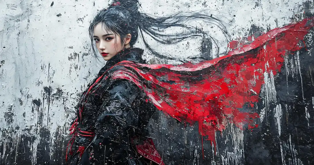 3k古风女侠壁纸｜水墨落雪背景图片 - 飒爽红披风高马尾「哲风壁纸」