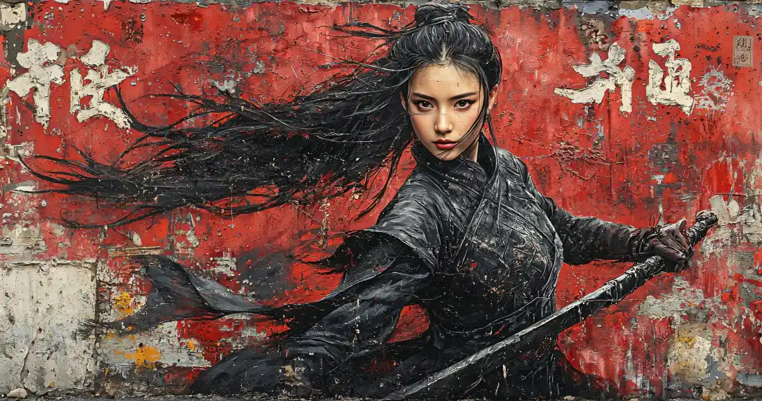 3k古风女侠客壁纸｜红墙持剑背景图片 - 酷飒武侠人像「哲风壁纸」