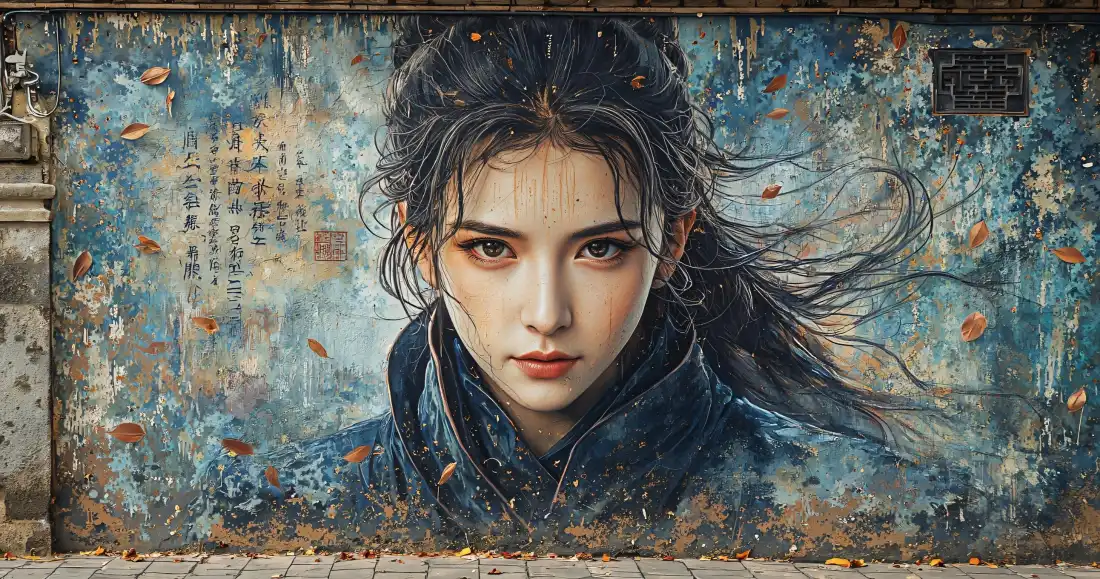 3k古风女侠壁纸｜蓝色落叶背景图片 - 清冷古装少女「哲风壁纸」