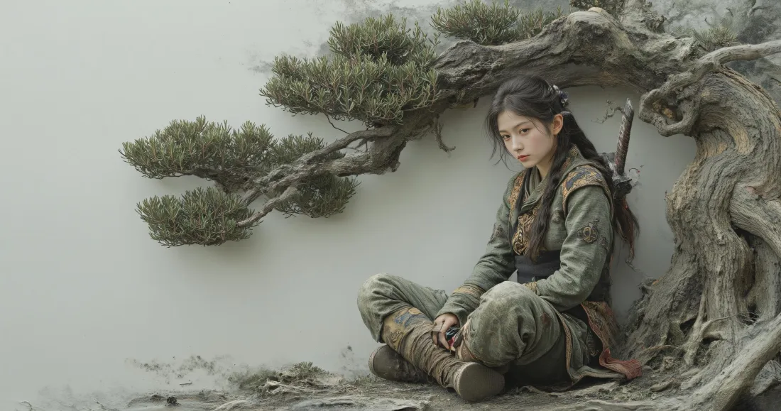 3k古装武侠少女壁纸｜松树山石薄雾背景图片 - 清冷氛围感「哲风壁纸」