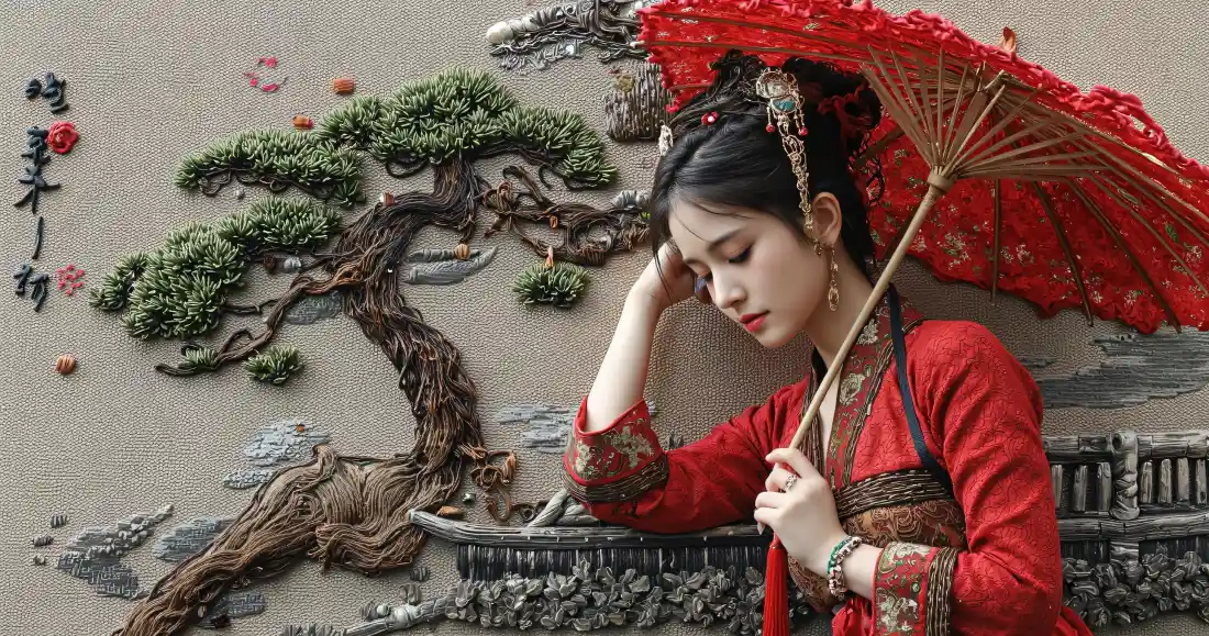 3k红衣古风美女壁纸｜中式浮雕背景图片 - 红伞古装氛围感「哲风壁纸」